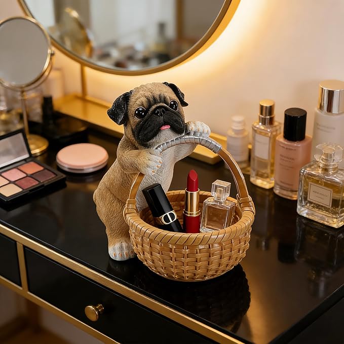 Cute Pug Candy Bowl, Resin Dog Figurine Key Bowl for Entryway Table, Desktop Storage Basket Organizer for Desk, Unique Pug Lover Gift