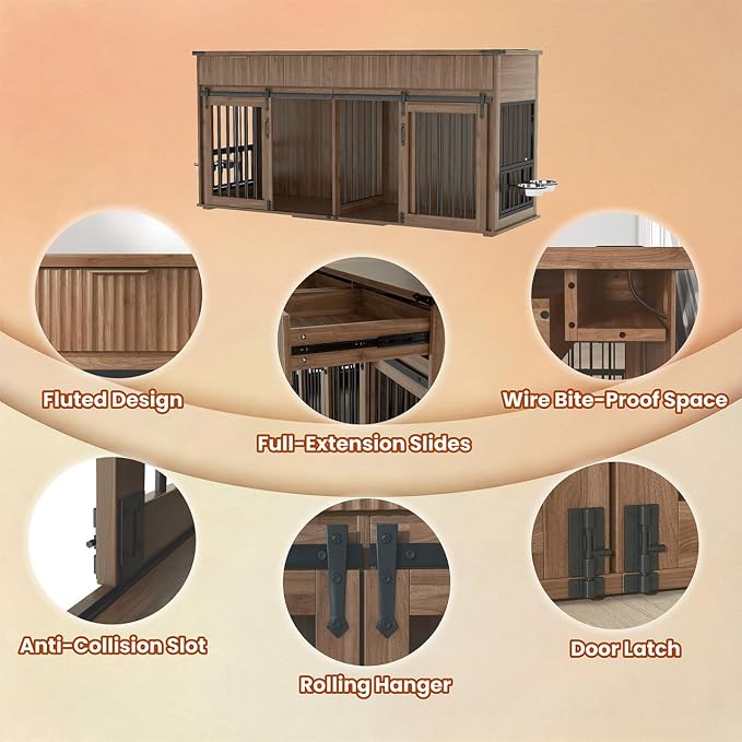71'' Double Dog Crate Furniture with Storage Drawer, Large Dog Kennel Indoor with Charging Station, TV Stand, Entryway Table, Pet Crate for Large Dogs (Dark Brown)