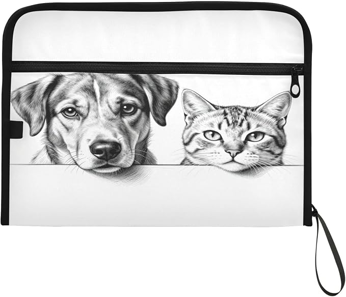 Pet Sketch Expanding File Folder with Sticky Labels | 13 Pockets Accordion File Folder Document Organizer Expandable Zip File Folder with Zipper Closure