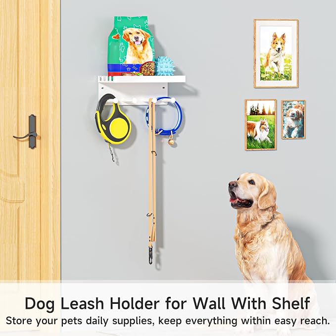 Dog Leash Holder for Wall, Key Holder Wall Mount, Metal Dog Leash Hooks, Pet Stuff Storage Shelf for Leash Hanger, Entryway Organizer Key Rack for Pet Collar, Treats, Toys, Mail (White)