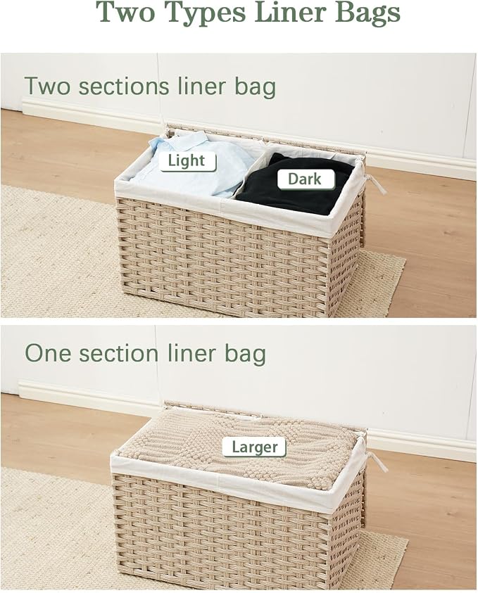 SETVSON Storage Basket with Lid, PE Rattan Storage Bin Light Khaki | Decorative PE Rattan Furniture Look for Bedroom, 2 Separate Lids, 2 Liners with Divider for Apparel & Essentials