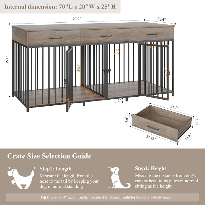 HOSTACK Double Dog Crate, 71" W Indoor Dog Kennel Furniture for 2 Dog, Grey | 3 Drawers for Easy Storage Heavy-Duty Cage, Removable Divider, Slide Bolt Latch, Modern Farmhouse Pet House for XL/XXL Dogs