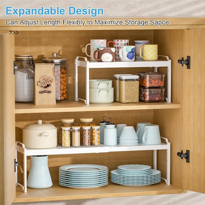4 Pack Kitchen Cabinet Shelves Organizers, Kitchen Counter Storage Shelf Spice Rack, Expandable Length, Adjustable Height, Stackable, Sturdy 30LBS Bearing, Small Cupboard Tabletop Organizer Shelf Rack