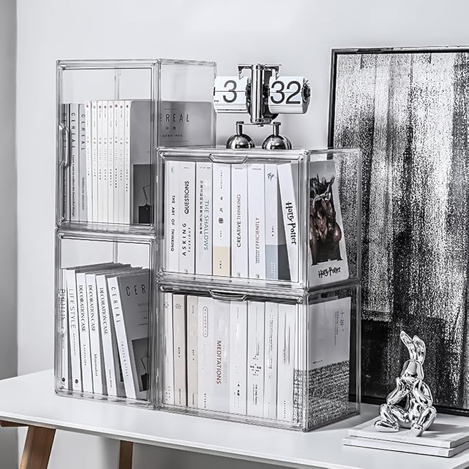 Clear Acrylic Bookcase, Book Organizer Box, Portable Book Containers with Magnetic Door, Stackable Display Case for Purses Handbags Dolls Toys Shoes(Clear, 14.17" ×10.63"×8.66")
