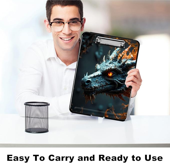 Heavy Duty Storage Clipboard, Slim Nursing Clipboard with Internal Pen Case, Portable File Organizer Case for A4 Letter Size Paper Office Medical Professionals, Forest Grey Dragon