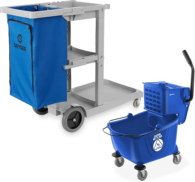 Commercial Janitorial Cleaning Cart on Wheels with Shelves and Vinyl Bag & Commercial Mop Bucket with Side Press Wringer, 26 Qt. Blue