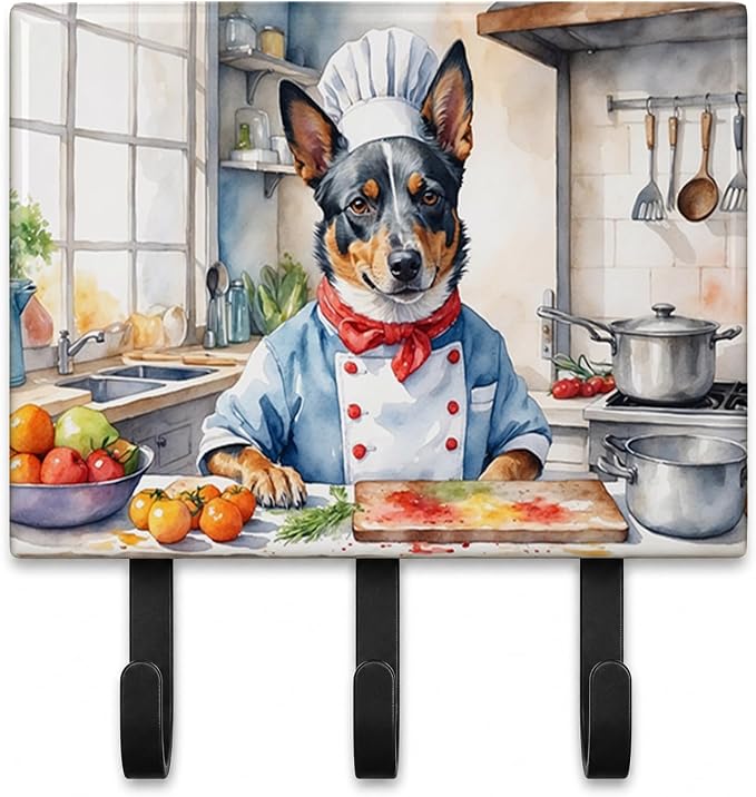 Caroline's Treasures Australian Cattle Dog The Chef Leash or Key Holder Wall Hooks, Key Hooks Holder, Coat Rack Wall Mount, Coat Hooks, Hooks for Hanging Keys, Towels, Aprons, Leashes | Australian Cattle Dog The Chef artwork on ceramic tile with three ...