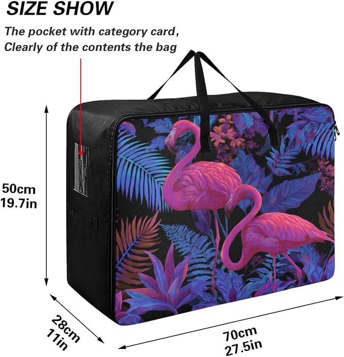 Comforter Storage Bags Large Folding Blanket Organizer Bag with Strong Handles Clear Window Closet Storage Containers for Clothes King Queen Pillows Bedding Quilt Duvet Blue Purple Flamingo Pal