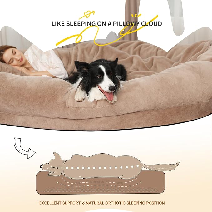 Fvkind Adult Dog Bed for Humans, Human Dog Beds, 73"x56"x12", Khaki | Giant Dog Bed for Humans, Faux Fur Removable Washable Cover, Orthopedic High Density Foam, Oversized Human/Dog Bed for Home