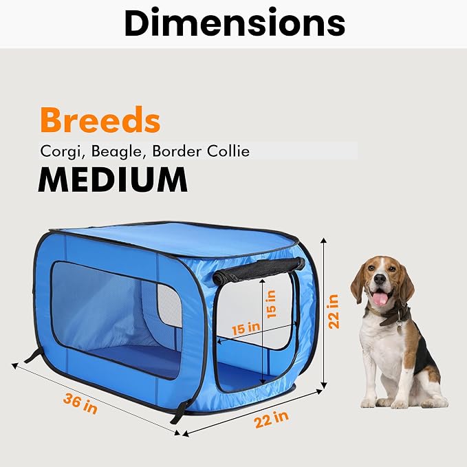 Portable Collapsible Pop Up Kennel, 36" L x 22" W x 22" H, Blue | Collapsible indoor/outdoor travel cat and dog crate with mesh screen windows pops up and folds flat for easy storage
