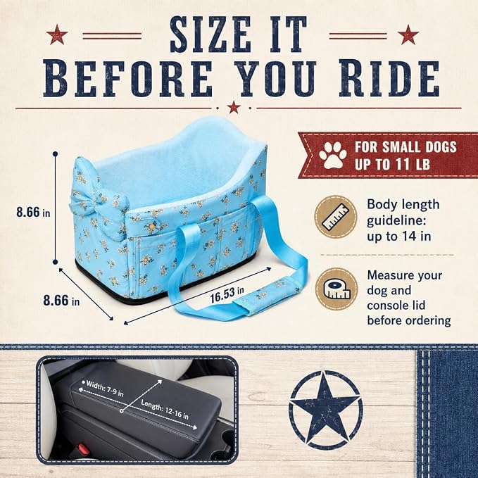 Console Dog Car Seat Up to 11lbs (Blue Daisy) | Portable Dogs Armrest Booster Seat for Small Dog, Anti-Collapse Pet Car Seat with Soft Cushion Safety Belt