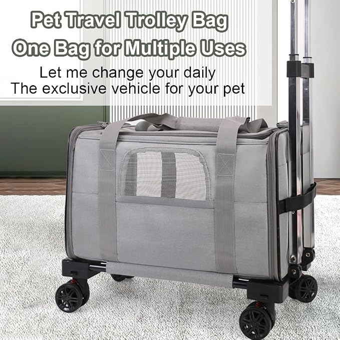Pet Trolley Bag, Detachable Rolling Carrier for Small Dogs Cats Portable Pet Travel with Telescopic Handle and Shoulder Strap, for Airplane Car (Gray with Blue Edges)
