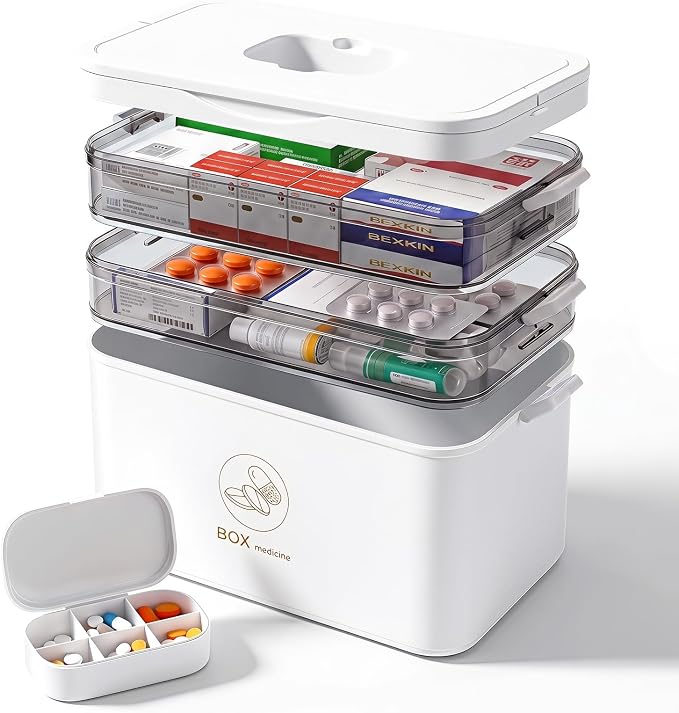 3-Tier Medicine Storage Organizer with Portable Pill Case, Portable First Aid Box with Removable Layers, Clear Medical Storage Container for Medicines, Vitamins & Emergency Supplies