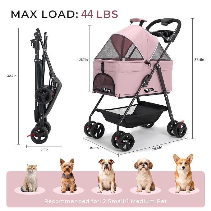 4-Wheel Pet Stroller for Small Medium Dogs Cats, One-Click Foldable | Portable Dog Stroller, Detachable Carrier, Cup Holder & Storage Basket, Safety Tether, Breathable Mesh, Up to 44lbs, Pink