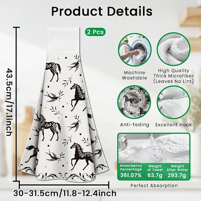 CUTHOLLOW Black Horse and Swallow Hanging Kitchen Towels with Loop, Set of 2 Soft & Super Absorbent Microfiber Decorative Hanging Dish & Hand Towel, Tea Coffee Towel for Kitchen Bathroom Oven Handle