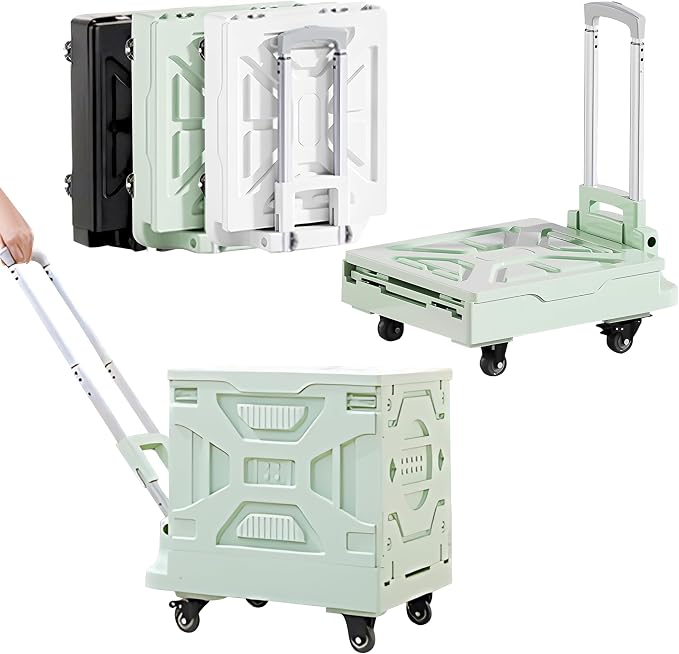 VECELO 16 GAL 2-in-1 Foldable Shopping Cart, Collapsible Utility Cart with Adjustable Handle & 360° Wheels, Dual-Mode Rolling Crate (Basket/Flatbed) for Groceries, Camping, Compact Storage, Green