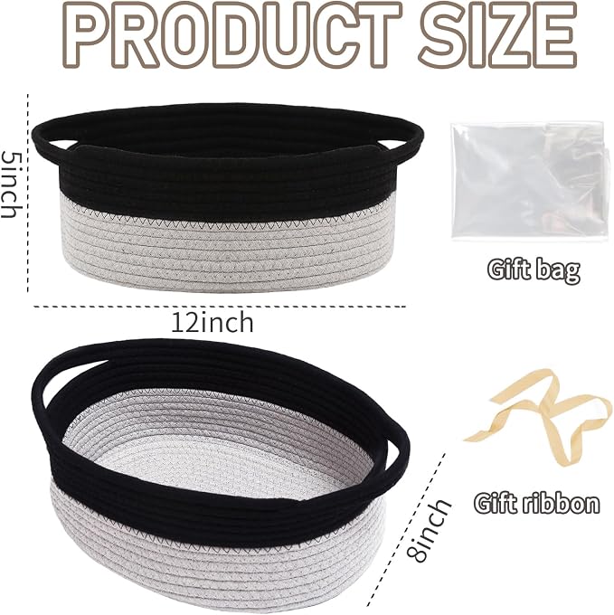 JMvicyroam Small Woven Basket, Empty Gift Basket, Black&Grey/1 Pack | Small Gift Basket, Cotton Rope, 12 x 8 x 78 in, Handles, Includes Ribbon and Bag, Birthday Gift Basket
