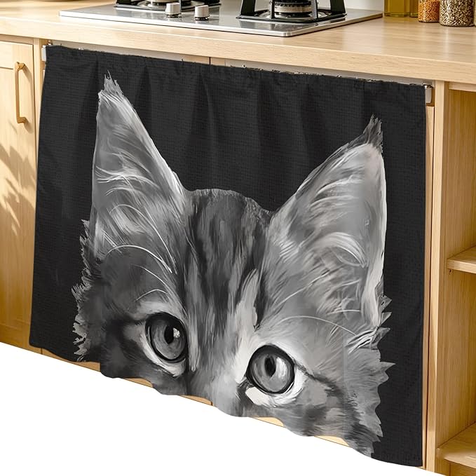 Black Cat Cabinet Curtain 35"Wx35"L, Dustproof Under Sink Skirt with Self Adhesive Tape, Cute Pets Eyes Fur Vintage Oil Painting Cabinet Curtain Cover for Kitchen Sink, Bathroom Vanity, Laundry Room
