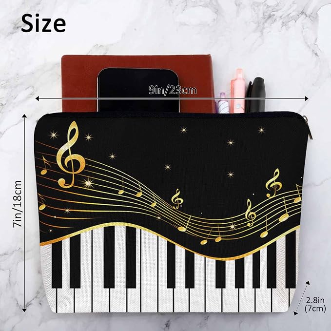Women Makeup Organizer Bag Piano Music Notes Instrument Piano Flax Cosmetic Bag Makeup Bags Toiletry Bag Accessories Organizer Travel Bags For Home Bathroom Office Hotel Gym Black Golden