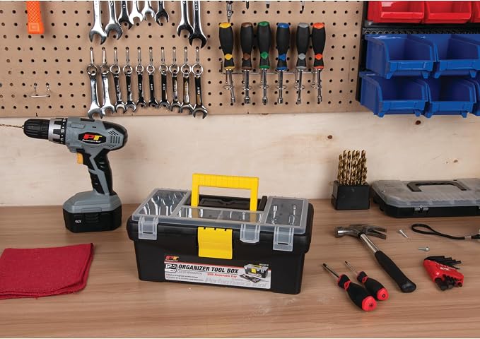 Performance Tool W54012 Heavy Duty Plastic Organizer Tool Box for Workshops and Garages, Black, 12.5-Inch | Tool organizer with ergonomic comfort handle. Plastic portable tool carrying case for hobbies and more