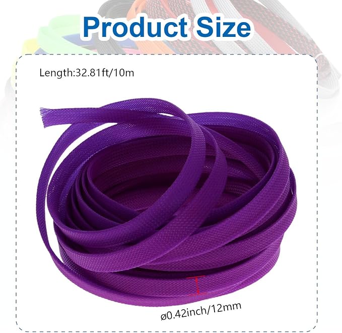 Heyiarbeit 10m/32.8ft PET Expandable Braid Cable Sleeving Flexible Wire Mesh Sleeve Purple 12mm