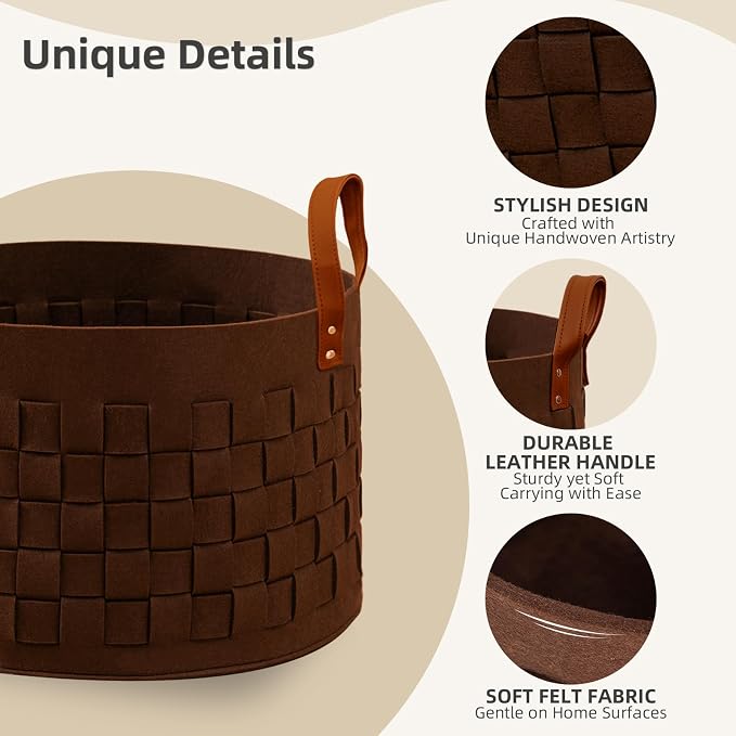 BOLDMONKEY Laundry Basket 20" x20 " x11.8 ", Large Felt Fabric Blanket Basket with Leather Handle, Dirt Clothes Laundry Hamper Round for Babies, Dogs and Living Room-Brown