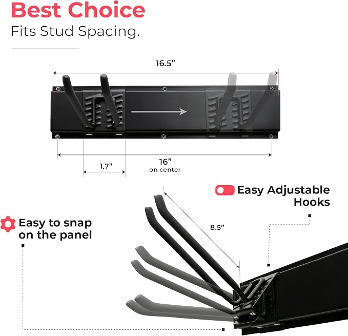 TIDYME Garage Tool Organizer Wall Mount, 64", 4 Racks 8 Hooks, 400 lbs | 400 lbs, anti-rust carbon steel, garden tool organizer & storage rack for garage organization, shovels, rakes & tools