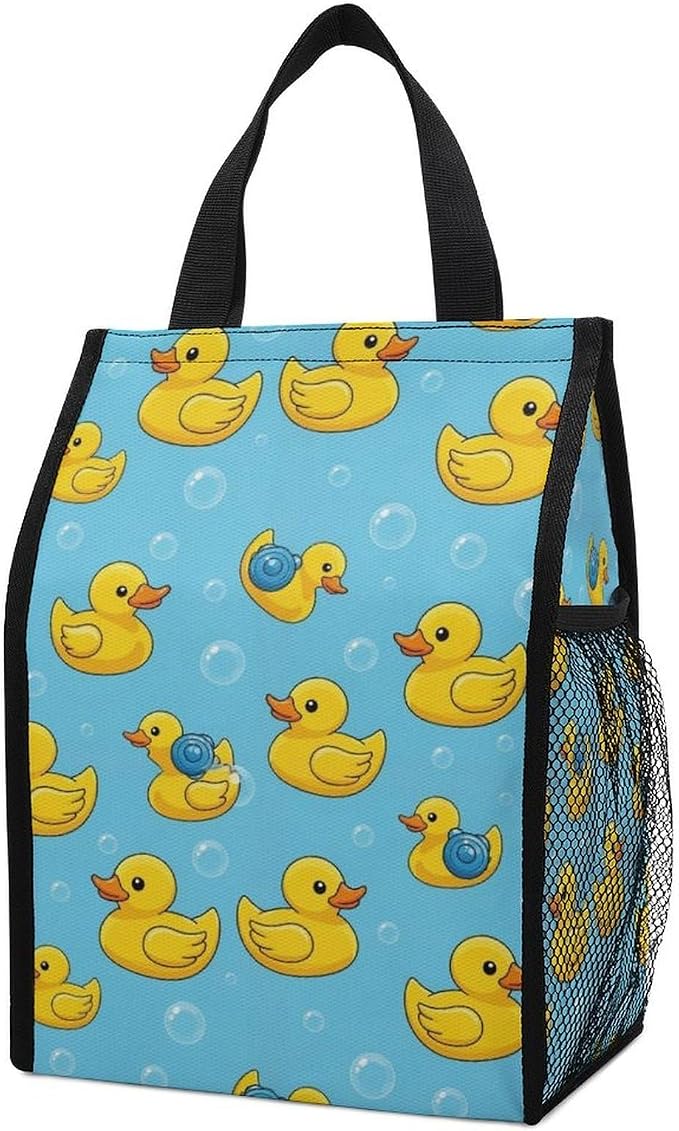 Insulated Lunch Bag Compatible with Cute Funny Blue Bubbles Yellow Rubber Ducks, Reusable Thermal Lunchbox Totes with Pocket Portable Lunch Organizer Cooler Bags