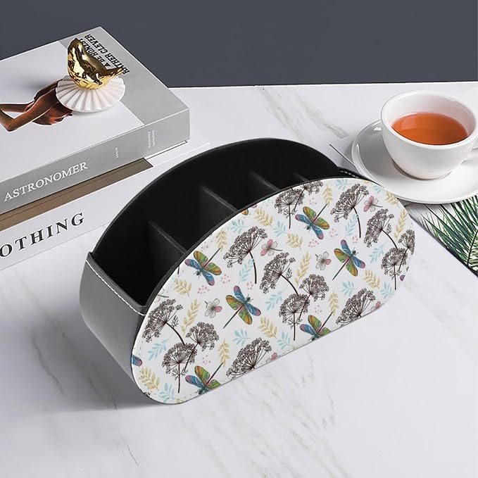 TV Remote Control Organizer Flowers Dragonfly Caddy Box with 5 Compartment | Botanical Flowers Dragonfly, PU Leather Desk Storage Bag Fits Controller, Makeup Brushes, Media Player, Office Supplies