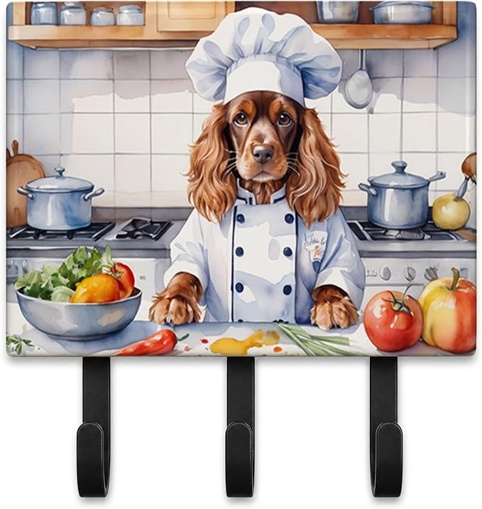 Caroline's Treasures English Cocker Spaniel The Chef Leash or Key Holder Wall Hooks, Key Hooks Holder, Coat Rack Wall Mount, Coat Hooks, Hooks for Hanging Keys, Towels, Aprons, Leashes | English Cocker Spaniel The Chef artwork on ceramic tile with thre...