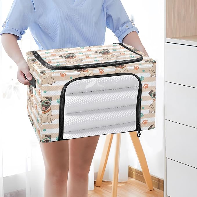 Cute Pets Pug Beige print Under Bed Storage Containers with Double Zipper Openings, Foldable Clothes Storage Bins with Clear Window and Handles for Blankets Comforters Bedding