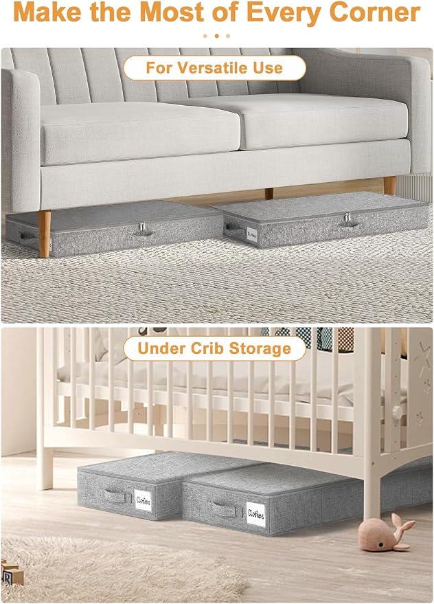 punemi 4.5 in Tall Low Profile Under Bed Storage Containers, 2 Pack, Grey | 40L Structured Clothes Organizer Bin with Reinforced Sides & Bottom, Shallow Design for Clothing & Blankets