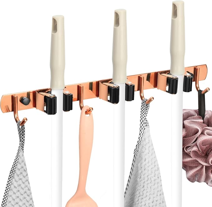 3 Racks and 4 Heavy Duty Hooks Mop and Broom Holder Wall Mount, Stainless Steel Broom Organizer Storage Utility Tool Racks for Home, Kitchen, Garage, Laundry Room. Rose Gold