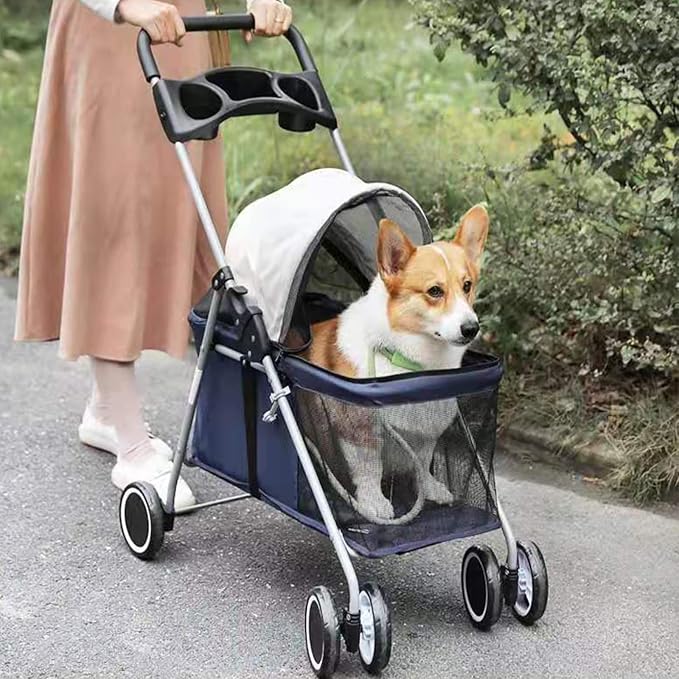 Outdoor Portable Foldable 4-Wheel Pet Cart for Small,Medium-Sized Dogs and Cats with Cup Holder,Travel Pet Small Lightweight Cart (Red)