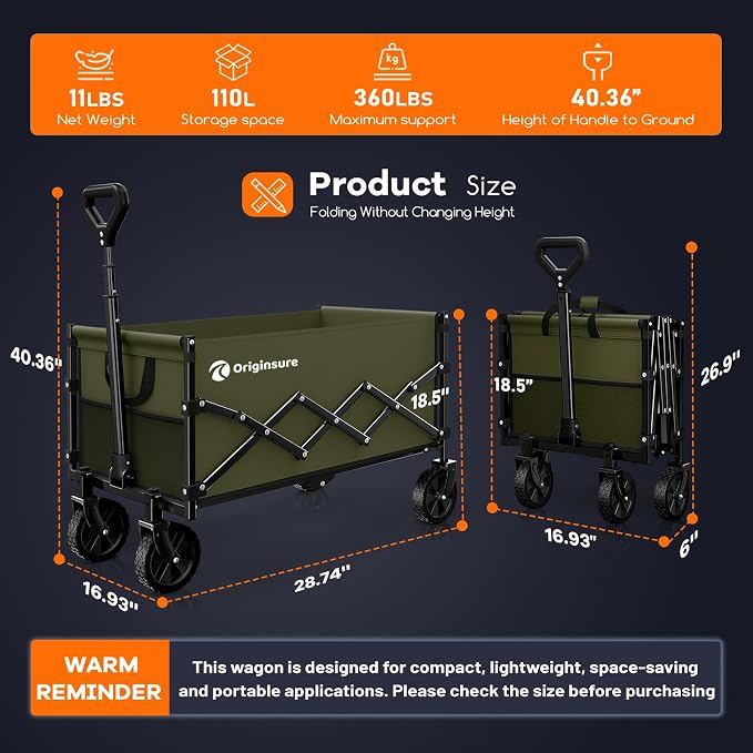 Originsure 110L Portable Collapsible Wagon Cart, 360lbs Heavy Duty, Green | All-Terrain Wheels,Solid Steel Frame,Adjustable Handle,Compact&Space-Saving,Utility for Camping,Sports,Grocery,Garden