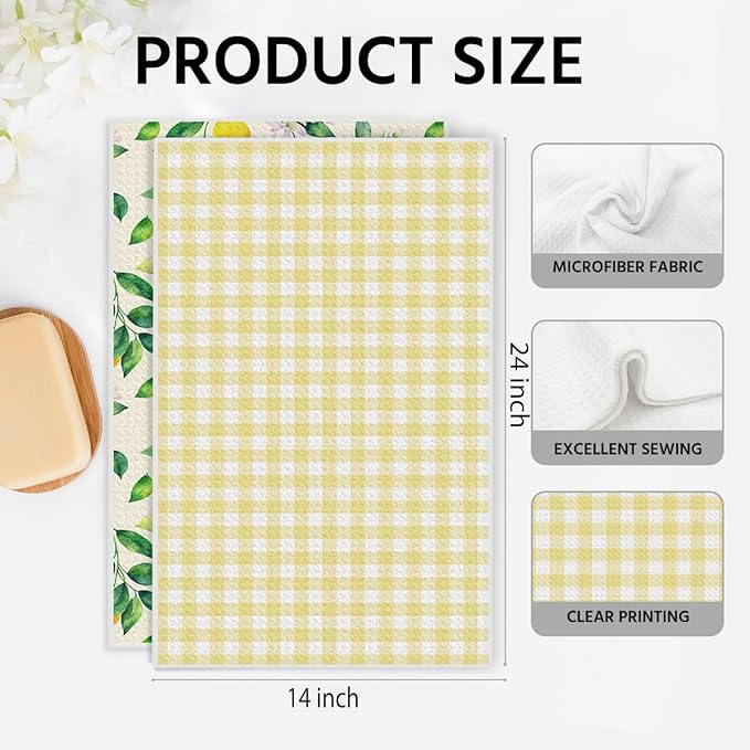 Lemon and Yellow Checkered Kitchen Towels, Quick Dry Multipurpose Waffle Weave Hand Towels for Bathroom, Absorbent Reusable Cloth Tea Dish Towels for Home Decor, Lemon Lover Gift Towel Set of 2