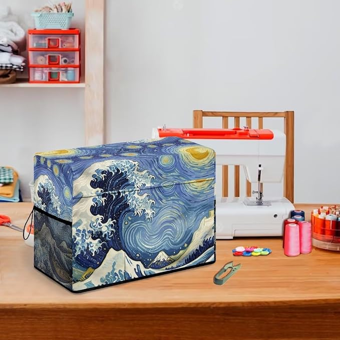 Customized The Great Wave Sewing Machine Cover - Inspired by V-Gogh's Starry Night, Fits Standard Singer, Brother and Janome Machines, Protecting & Decorating Your Sewing Space (Blue)