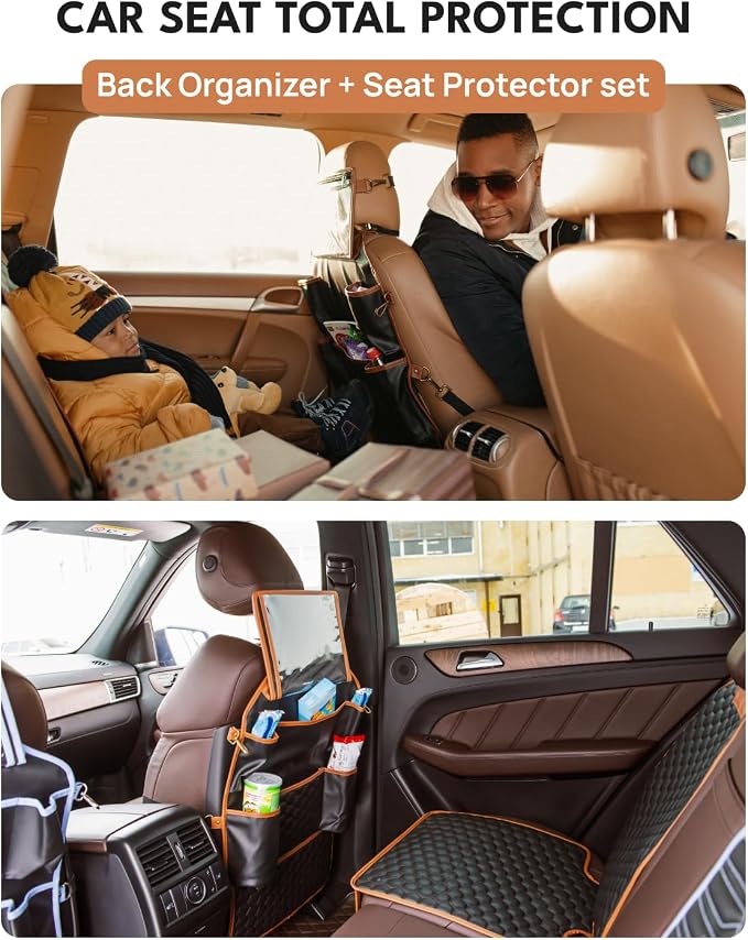Owleys Over the Car Seat Organizer and Kick Mat Set, 2 Pc, Black/Tan | Owleys Over the Car Seat Organizer and Kick Mat Set, 2 Pc, Black/Tan