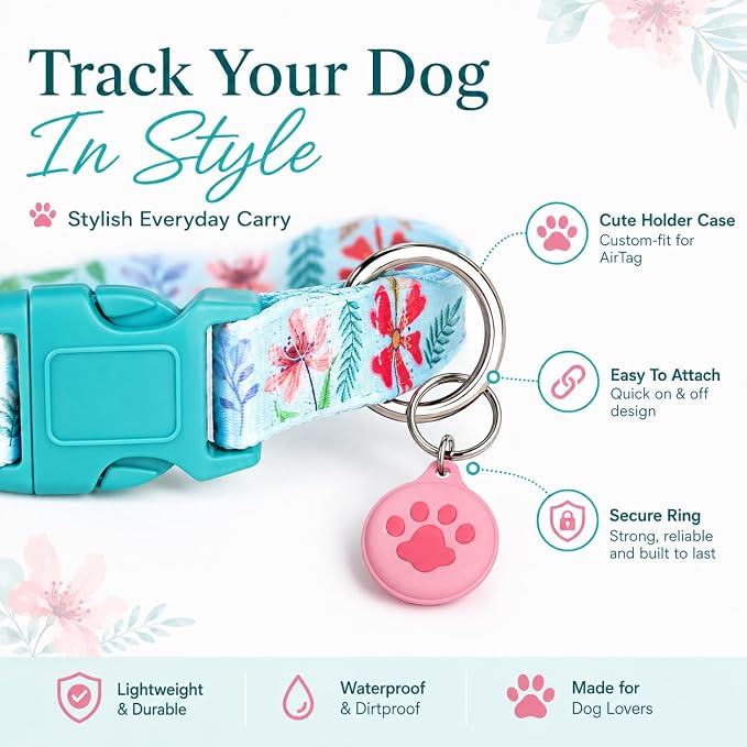 Floral Matched Dog Collar and Leash Set with AirTag Holder-Verdure Daisy/XS | Anti-Lost,Adjustable Durable Pet Collar Leash Combo for Puppy X-Small Boy Girl Dogs,Outdoor Walking Hiking Training Running