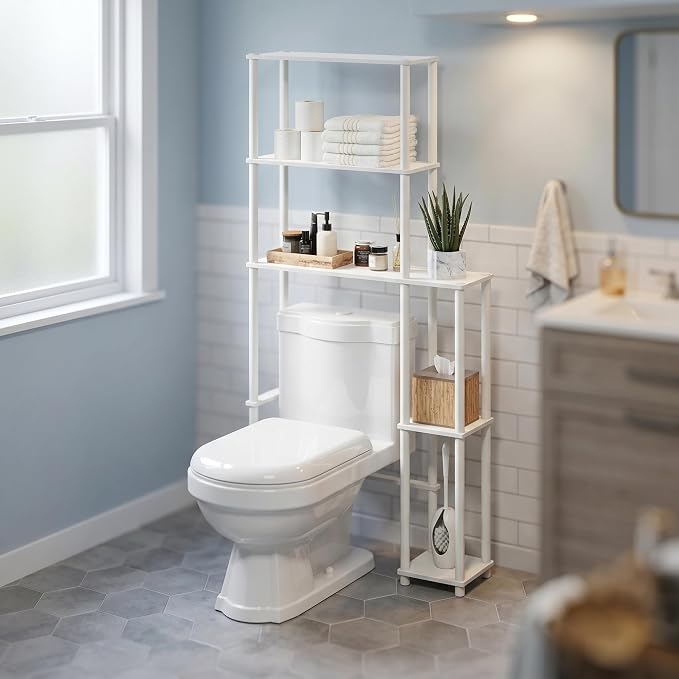 5-Shelf Toolless Assembly Over The Toilet Organizer, Freestanding Space Saver Bathroom Shelf, Over The Toilet Storage, for Bathroom Organizers and Storage, White