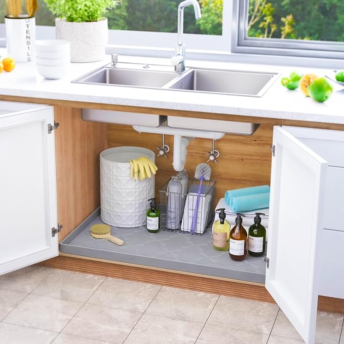 Waterproof Under Sink Mat 31" x 22" Kitchen Cabinet Liner Silicone | BPA-Free Silicone Mat with Raised Lip Protects Cabinets from Leaks, Versatile Home Organizer for Bathroom, Pets, Boots, Floor