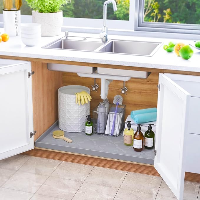 Waterproof Under Sink Mat 34" x 22", Silicone Mat Kitchen liner | BPA-Free Silicone Tray with Raised Lip Protect Cabinets from Leaks, Versatile Home Organizer for Bathroom, Pets, Boots, Floor