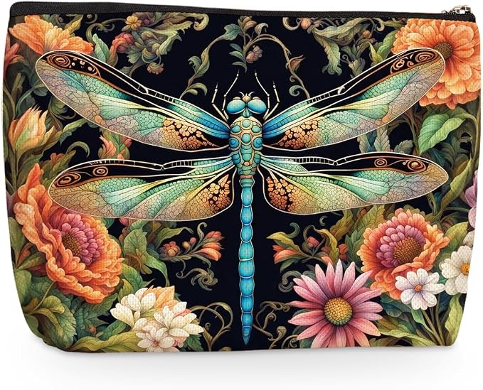 Dragonfly Flower Print Women Makeup Bag, Dragonflies Gifts Cosmetic Bags | Travel Organizer Bag Makeup Pouch, Sister Birthday Christmas Gift for Mom Friend, Dragonfly Gifts for Women