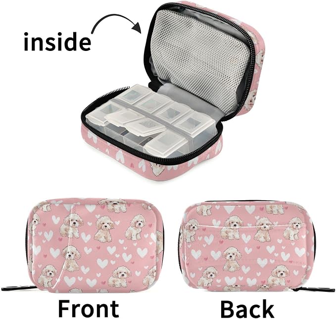 Fustylead Cute Poodle Dog and Hearts Doodle Pill Organizer Travel Bag, Small Portable Pill Case Cute for Vitamin Fish Oil Supplements Medicine Organizer with Zipper