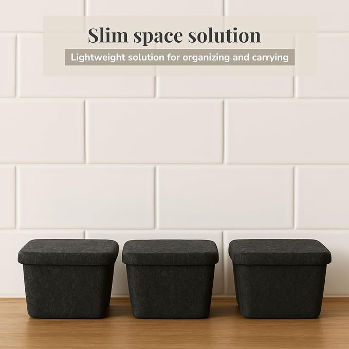 SortJoy The Sculpted Bin - Petite with Lid Set of 3 Storage Bin Felt Storage Basket Drawer Organizer Clothes Closet Cabinet Bathroom, Pantry, Kitchen Bin: 6.3" x 6.3" x 4.5" (Carbon, Dark Grey)