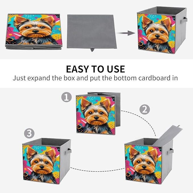 Yorkie Dog Art Storage Bin with Handles, Oxford Fabric Foldable Storage Cube Organizer for Clothes, Towels, Bedroom, Living Room, Home Organization