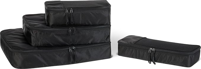 Amazon Essentials 4-Piece Space-Saving Packing Cubes Travel Accessories Set, Luggage Organizer with Double Zipper, Mesh Top, Small/Medium/Large/Slim, Black (Previously Amazon Basics)