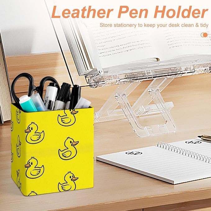 Pen Pencil Holder, Cute Funny Yellow Rubber Duck Pen Container Box Stationery Organizer Case Pu Leather Makeup Brush Holder Office Supplies for Desktop