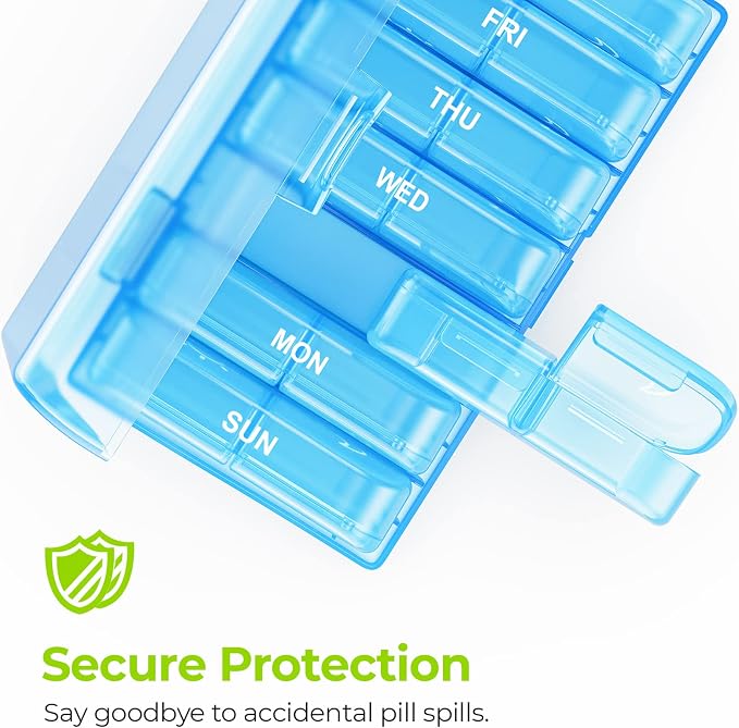AUVON Weekly Pill Organizer 2 Times a Day, One-Sided Opening, Easy to Use | AM PM Pill Case, XL Pill Box 7 Day, Travel Medication Organizer for Medication, Vitamins, Fish Oils, Supplements, Blue