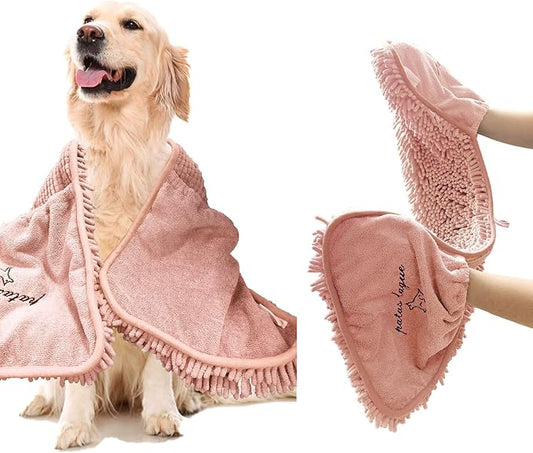 Patas Lague Absorbent Dog Towel for Drying Dogs Large, 35''x15'' Extra Large Microfiber Quick Drying Pet Bath Towel with Hand Pockets, Machine Washable Pet Shammy Pink